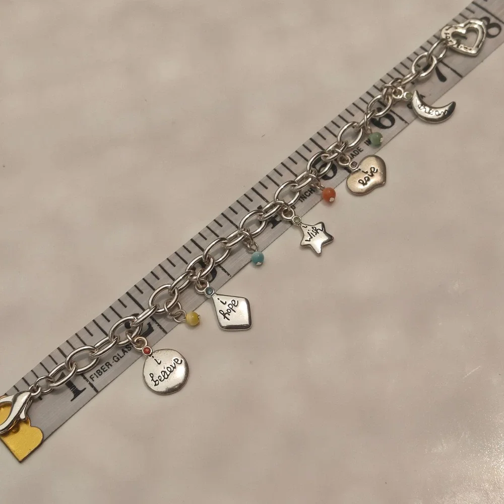 Silver Tone Inspirational Charm Bracelet Love Wish Dream Hope Believe Glass Bead